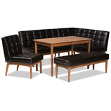 Sanford Mid-Century Modern Dark Brown Faux Leather Upholstered and Walnut Brown Finished Wood 5-Piece Dining Nook Set