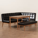 Sanford Mid-Century Modern Dark Brown Faux Leather Upholstered and Walnut Brown Finished Wood 4-Piece Dining Nook Set