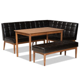 Sanford Mid-Century Modern Dark Brown Faux Leather Upholstered and Walnut Brown Finished Wood 4-Piece Dining Nook Set