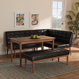 Sanford Mid-Century Modern Dark Brown Faux Leather Upholstered and Walnut Brown Finished Wood 4-Piece Dining Nook Set