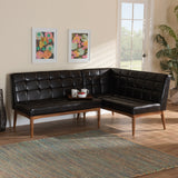 Sanford Mid-Century Modern Dark Brown Faux Leather Upholstered and Walnut Brown Finished Wood 2-Piece Dining Nook Banquette Set