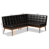 Sanford Mid-Century Modern Dark Brown Faux Leather Upholstered and Walnut Brown Finished Wood 2-Piece Dining Nook Banquette Set