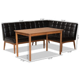 Sanford Mid-Century Modern Dark Brown Faux Leather Upholstered and Walnut Brown Finished Wood 3-Piece Dining Nook Set