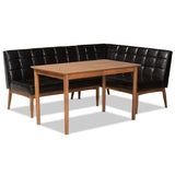 Sanford Mid-Century Modern Dark Brown Faux Leather Upholstered and Walnut Brown Finished Wood 3-Piece Dining Nook Set