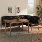 Sanford Mid-Century Modern Dark Brown Faux Leather Upholstered and Walnut Brown Finished Wood 3-Piece Dining Nook Set