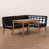 Sanford Mid-Century Modern Dark Brown Faux Leather Upholstered and Walnut Brown Finished Wood 3-Piece Dining Nook Set