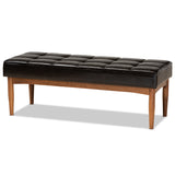 Sanford Mid-Century Modern Dark Brown Faux Leather Upholstered and Walnut Brown Finished Wood Dining Bench