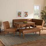 Sanford Mid-Century Modern Tan Faux Leather Upholstered and Walnut Brown Finished Wood 5-Piece Dining Nook Set