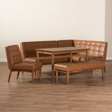 Sanford Mid-Century Modern Tan Faux Leather Upholstered and Walnut Brown Finished Wood 5-Piece Dining Nook Set