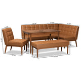 Sanford Mid-Century Modern Tan Faux Leather Upholstered and Walnut Brown Finished Wood 5-Piece Dining Nook Set