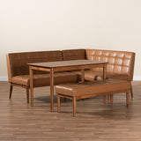 Sanford Mid-Century Modern Tan Faux Leather Upholstered and Walnut Brown Finished Wood 4-Piece Dining Nook Set