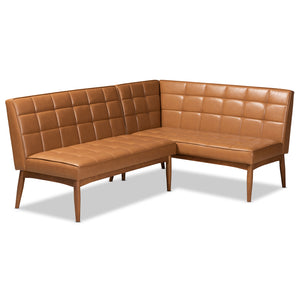 Sanford Mid-Century Modern Tan Faux Leather Upholstered and Walnut Brown Finished Wood 2-Piece Dining Nook Banquette Set