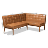 Sanford Mid-Century Modern Tan Faux Leather Upholstered and Walnut Brown Finished Wood 2-Piece Dining Nook Banquette Set