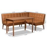 Sanford Mid-Century Modern Tan Faux Leather Upholstered and Walnut Brown Finished Wood 3-Piece Dining Nook Set