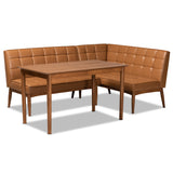 Sanford Mid-Century Modern Tan Faux Leather Upholstered and Walnut Brown Finished Wood 3-Piece Dining Nook Set