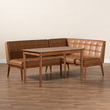 Sanford Mid-Century Modern Tan Faux Leather Upholstered and Walnut Brown Finished Wood 3-Piece Dining Nook Set