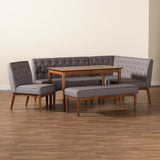 Baxton Studio Riordan Mid-Century Modern Grey Fabric Upholstered and Walnut Brown Finished Wood 5-Piece Dining Nook Set