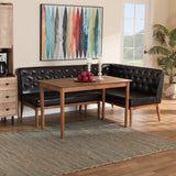 Baxton Studio Riordan Mid-Century Modern Dark Brown Faux Leather Upholstered and Walnut Brown Finished Wood 3-Piece Dining Nook Set