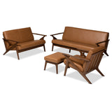 Bianca Mid-Century Modern Walnut Brown Finished Wood and Tan Faux Leather Effect 4-Piece Living Room Set