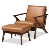 Bianca Mid-Century Modern Walnut Brown Finished Wood and Tan Faux Leather Effect 2-Piece Lounge chair and Ottoman Set