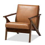 Bianca Mid-Century Modern Walnut Brown Finished Wood and Tan Faux Leather Effect Lounge Chair