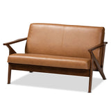Bianca Mid-Century Modern Walnut Brown Finished Wood and Tan Faux Leather Effect Loveseat