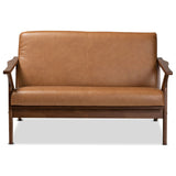 Baxton Studio Bianca Mid-Century Modern Walnut Brown Finished Wood and Tan Faux Leather Effect Loveseat