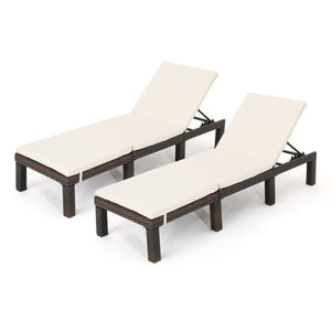 Noble House Jamaica Outdoor Multibrown Wicker Chaise Lounge with Cream Water Resistant Cushion (Set of 2)