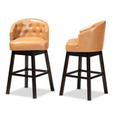 Theron Modern and Contemporary Transitional Tan Faux Leather Upholstered and Dark Brown Finished Wood 2-Piece Swivel Bar Stool Set