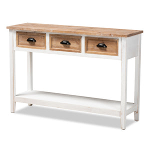 Benedict Traditional Farmhouse and Rustic Two-Tone White and Oak Brown Finished Wood 3-Drawer Console Table