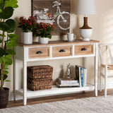 Benedict Traditional Farmhouse and Rustic Two-Tone White and Oak Brown Finished Wood 3-Drawer Console Table