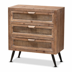Calida Mid-Century Modern Whitewashed Natural Brown Finished Wood and Rattan 3-Drawer Storage Cabinet