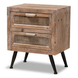 Calida Mid-Century Modern Whitewashed Natural Brown Finished Wood and Rattan 2-Drawer Nightstand