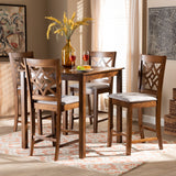 Nicolette Modern and Contemporary Grey Fabric Upholstered and Walnut Brown Finished Wood 5-Piece Pub Set