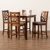 Nicolette Modern and Contemporary Grey Fabric Upholstered and Walnut Brown Finished Wood 5-Piece Pub Set