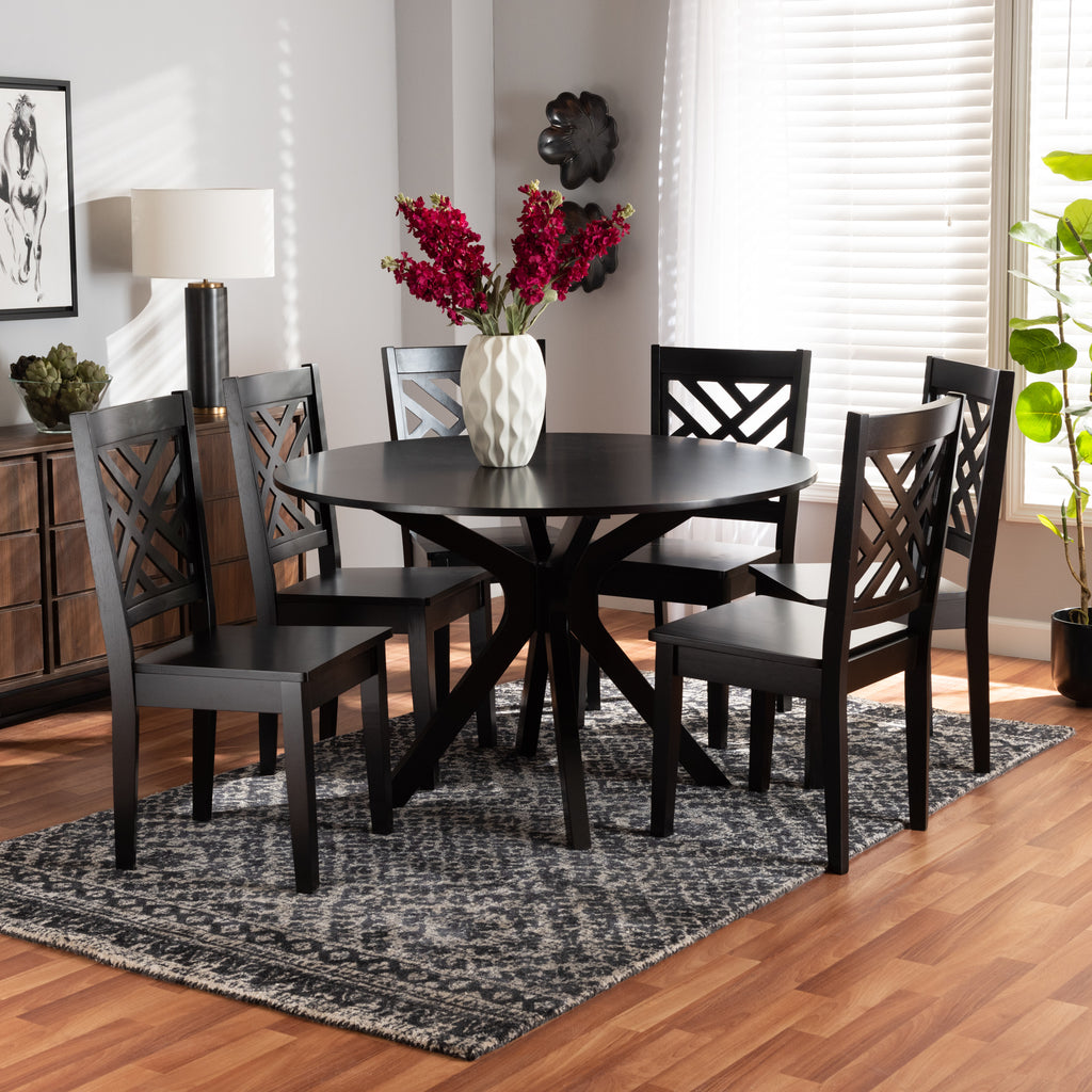 Ela Modern and Contemporary Dark Brown Finished Wood 7-Piece Dining Set