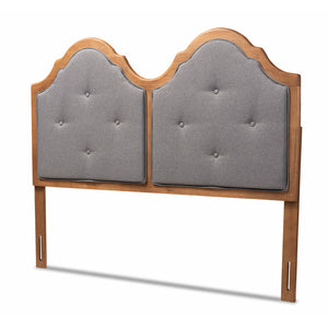 Falk Vintage Classic Traditional Dark Grey Fabric Upholstered and Walnut Brown Finished Wood Queen Size Arched Headboard