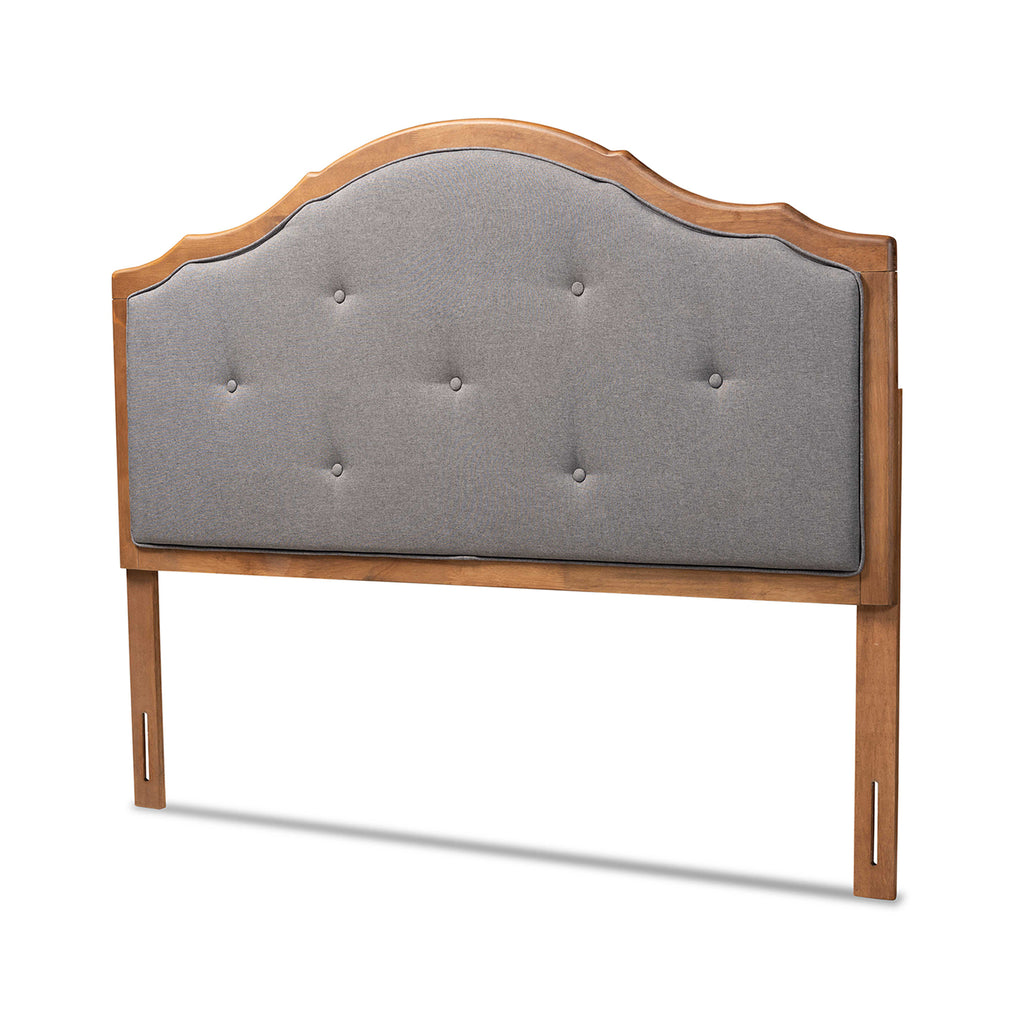 Gala Vintage Classic Traditional Dark Grey Fabric Upholstered and Walnut Brown Finished Wood Queen Size Arched Headboard