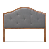 Gala Elegant Dark Grey Upholstered Queen Headboard with Walnut Finish, Button Tufted Design & Adjustable Height