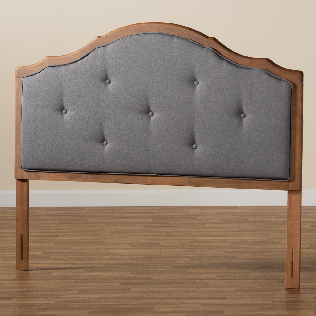 Gala Vintage Classic Traditional Dark Grey Fabric Upholstered and Walnut Brown Finished Wood Queen Size Arched Headboard