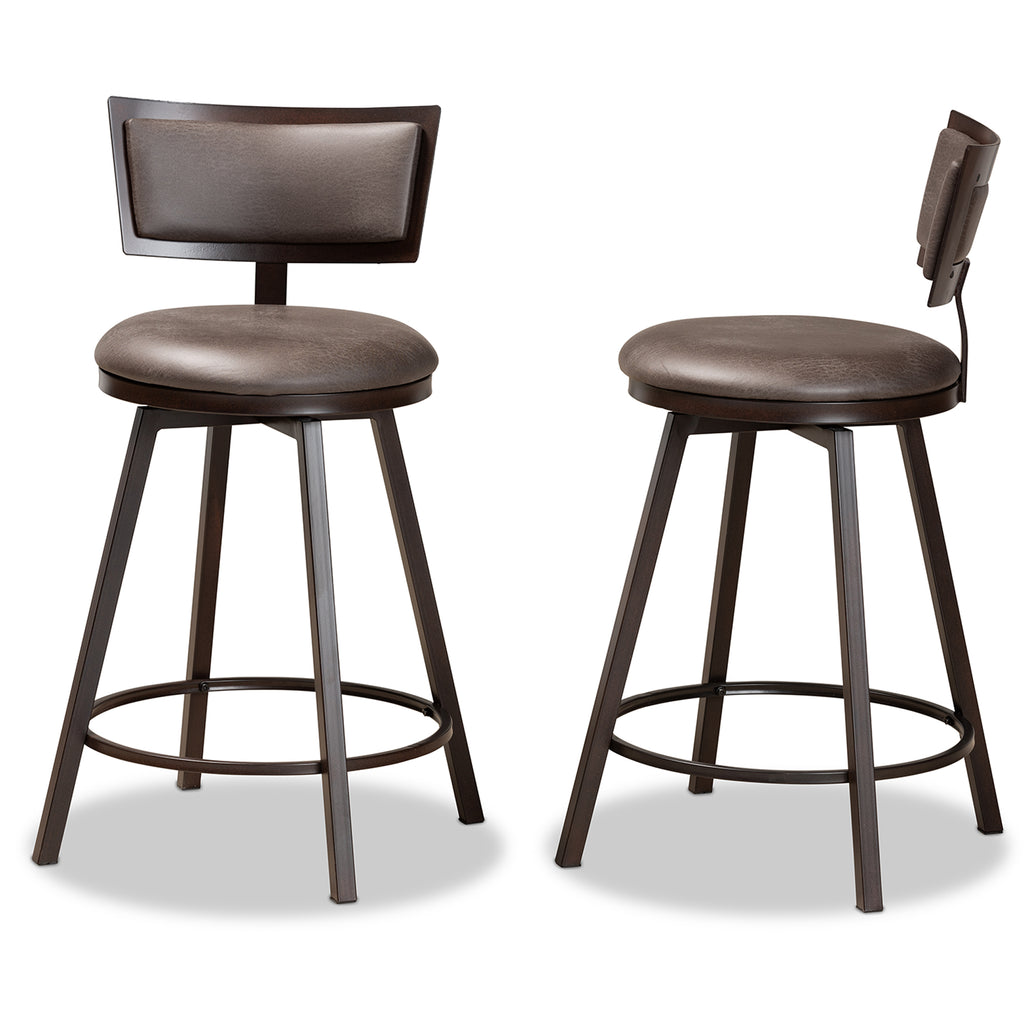 Danson Modern Industrial Grey Fabric Upholstered and Antique Dark Brown Finished Metal 2-Piece Pub Chair Set
