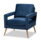 Baxton Studio Leland Glam and Luxe Navy Blue Velvet Fabric Upholstered and Gold Finished Armchair 