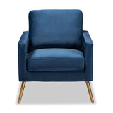 Baxton Studio Leland Glam and Luxe Navy Blue Velvet Fabric Upholstered and Gold Finished Armchair 