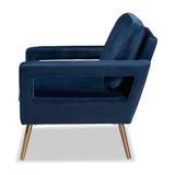 Baxton Studio Leland Glam and Luxe Navy Blue Velvet Fabric Upholstered and Gold Finished Armchair 