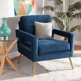 Baxton Studio Leland Glam and Luxe Navy Blue Velvet Fabric Upholstered and Gold Finished Armchair 