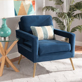 Baxton Studio Leland Glam and Luxe Navy Blue Velvet Fabric Upholstered and Gold Finished Armchair 