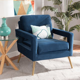 Baxton Studio Leland Glam and Luxe Navy Blue Velvet Fabric Upholstered and Gold Finished Armchair 