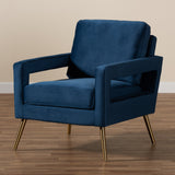 Baxton Studio Leland Glam and Luxe Navy Blue Velvet Fabric Upholstered and Gold Finished Armchair 