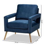 Baxton Studio Leland Glam and Luxe Navy Blue Velvet Fabric Upholstered and Gold Finished Armchair 