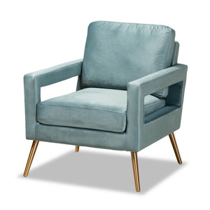 Baxton Studio Leland Glam and Luxe Light Blue Velvet Fabric Upholstered and Gold Finished Armchair 